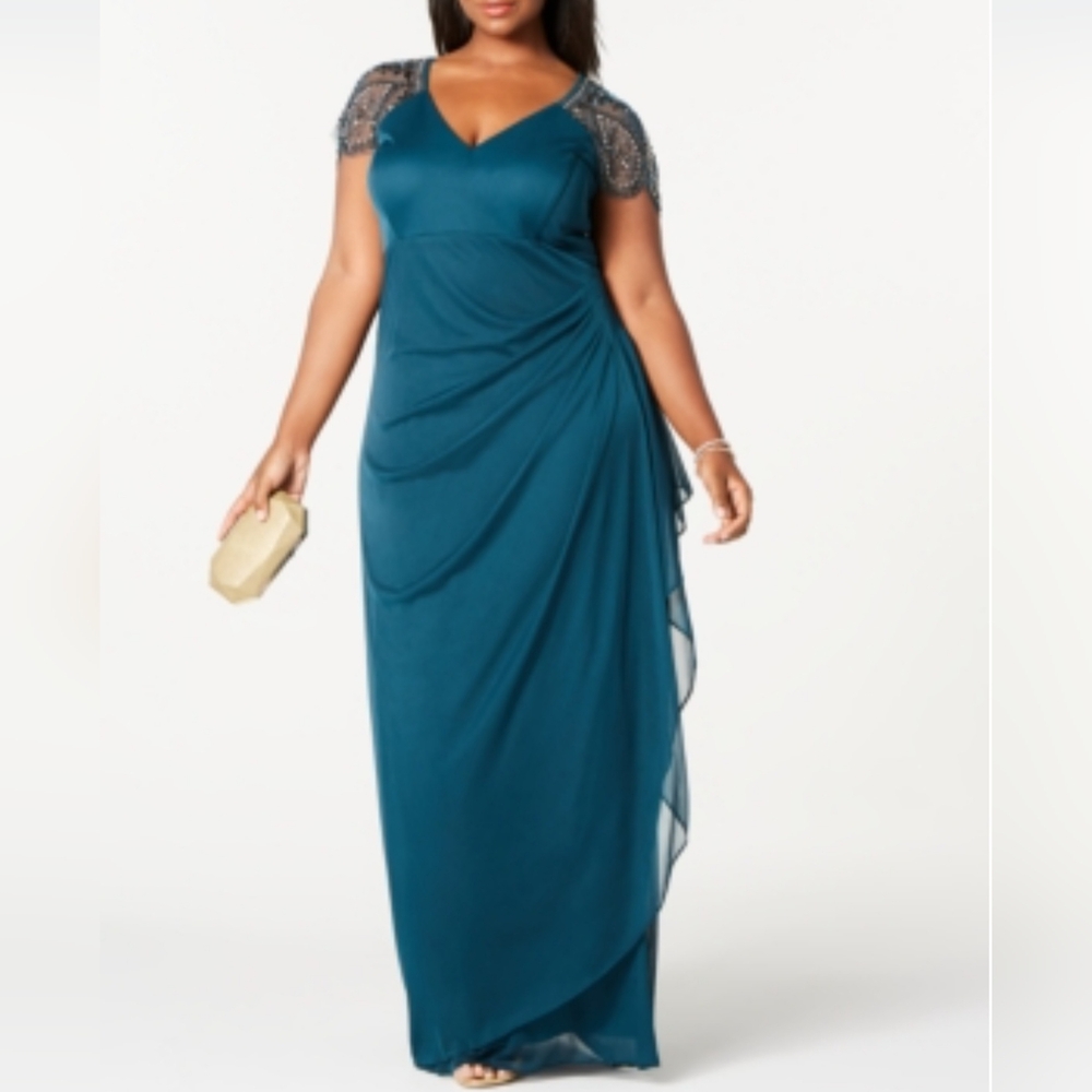 Xscape Teal Beaded SS V-Neck Formal Dress Sz 22 Plus Ruche Slimming Back Smocked